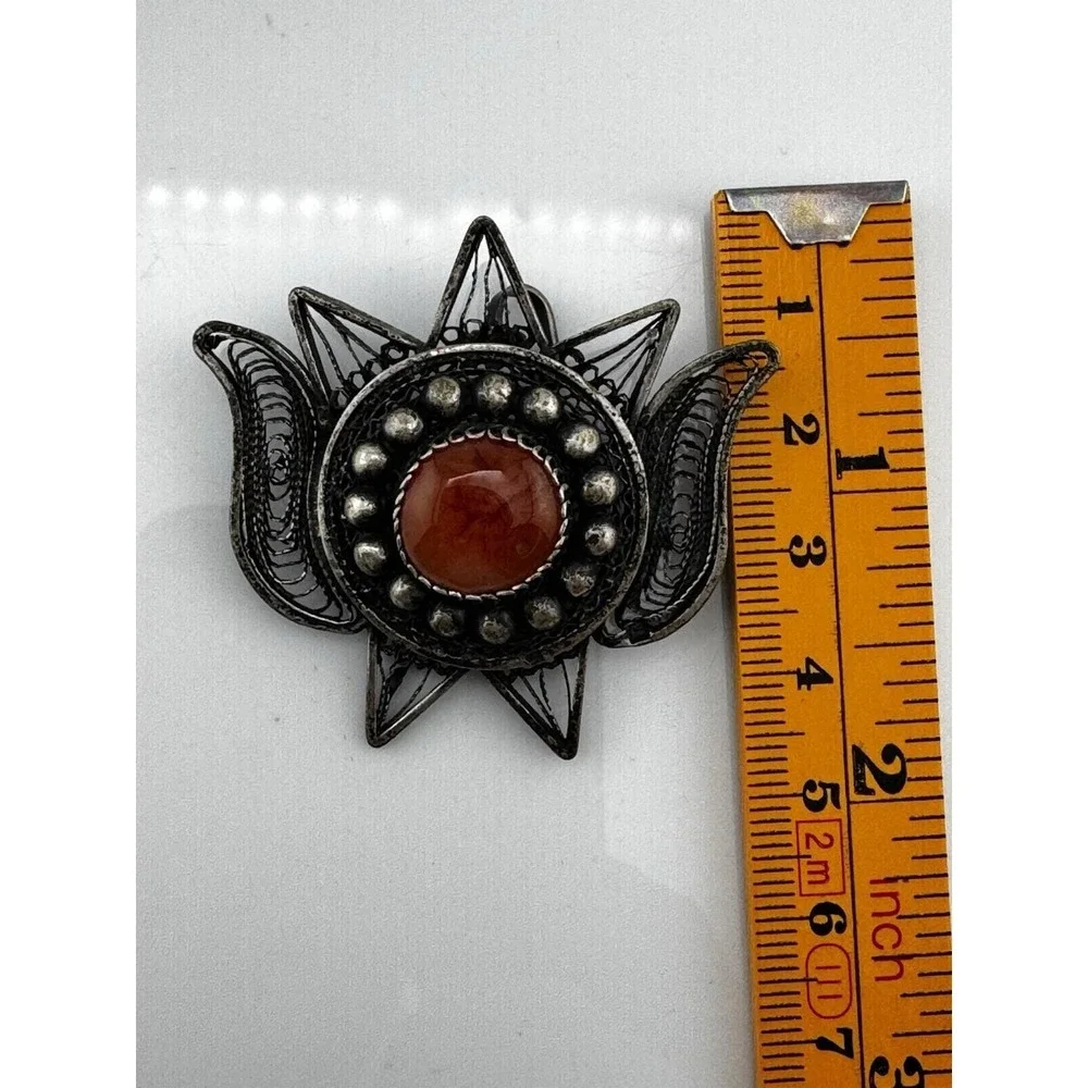Vintage Egyptian Silver Filigree Carnelian Brooch Pendant Handmade Lotus Jewelry